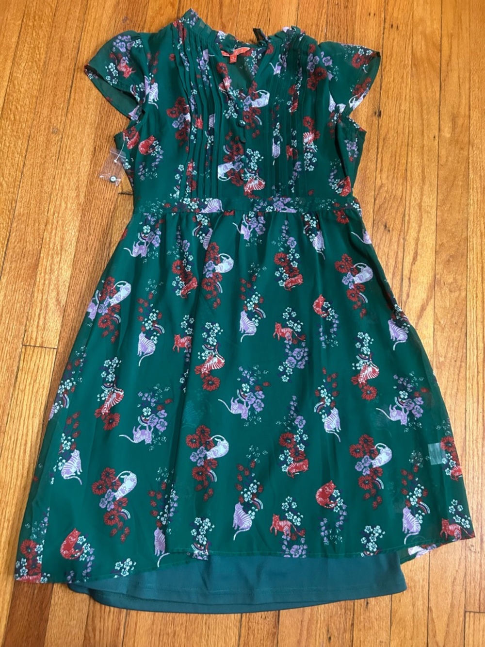ModCloth Green Cats Dress XL Fully Lined Knee Length Whimsy Fairy Cute Kitchy - Picture 2 of 12